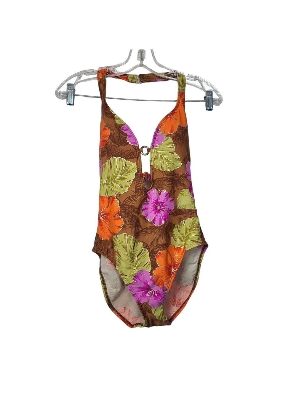Beach Bay Brown Floral Green Purple Orange Print One Piece Swimsuit 8